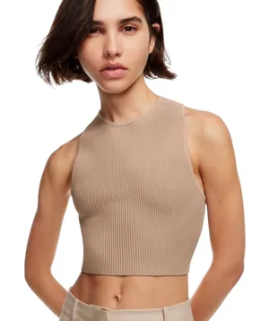 Aritzia Babaton Tan Cropped Sculpt Knit Racer Ribbed Sleeveless Tank XS thumbnail 1