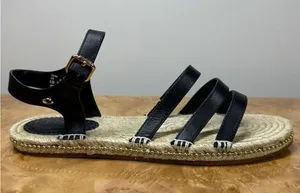 NEW Coach Carissa C2794 Black Leather Espadrille Sandals Gold Trim 8.5B thumbnail 1