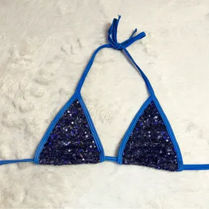 Royal Blue Sequin Triangle String Bikini Top Size Small thumbnail 9