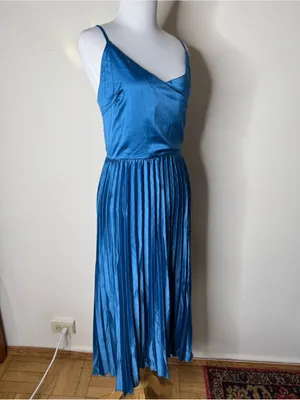 Halara Blue Silky Satin Wrap Front Pleated Skirt Midi Dress NWOT M thumbnail 4