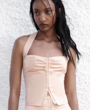 Zara Women XS Pink Halter Corset Top Coquette Balletcore Festival EUC thumbnail 1