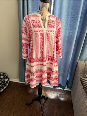 THML Pink & White Embroidered Tiered V-Neck Dress size-S thumbnail 2