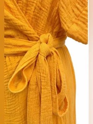 Marine Layer Medium Golden Yellow Cotton True Wrap Midi Dress Belted thumbnail 5