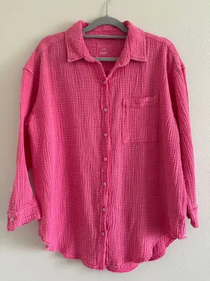 Aerie Gauzy Button Down Shirt Womens Small Pink Oversized Beachy Travel Resort thumbnail 1