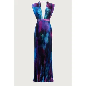 L'IDÉE Printed Gala Gown Pleated Deep Sea Blue Purple Tie Dye Maxi Dress 8 thumbnail 10