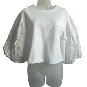 NWOT English Factory Balloon Sleeve Crew Neck Blouse White Size Medium thumbnail 3