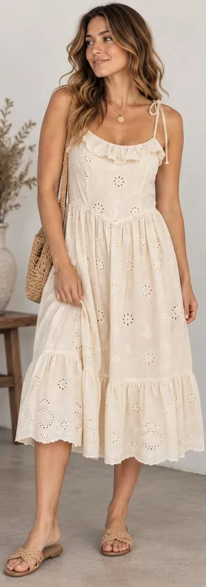 Celebrity Pink Eyelet Midi Dress XS Ivory Cottagecore Coquette Tie Strap thumbnail 1