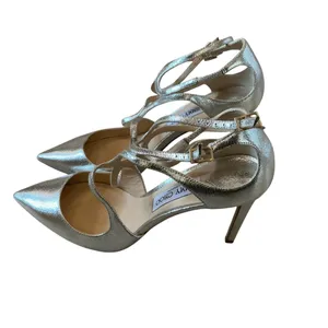 Jimmy Choo silver metallic leather pumps size 41 strappy heels pointy toe thumbnail 3