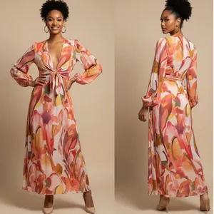 Petal & Pup Laquin Long Sleeve Maxi Dress Abstract Floral Cutout Bow Back Large‎ thumbnail 2