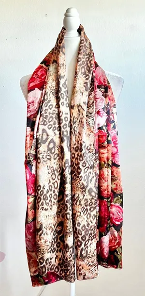 Leopard Print 100% Silk Scarf Vintage Inspired Y2K 2000s Glam 70" x 27 1/2"‎ thumbnail 1