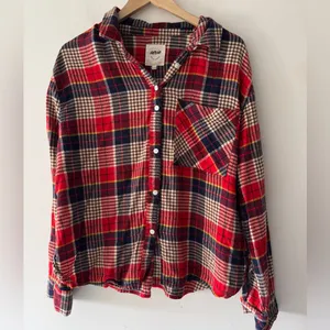Aerie Red‎ Plaid Flannel Cotton Cozy Long Sleeve Pajama Lounge Button Down Top thumbnail 2
