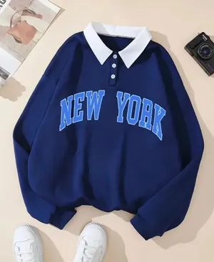Women's Letter Print Long Sleeve Sweatshirt, Casual Polo Collar Pullover (S) thumbnail 1