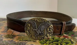 Vintage Distressed Stitched Brown Genuine Leather Eagle Buckle Belt - L thumbnail 9