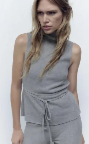 Zara High-Neck Tie-Waist Sleeveless Soft Knit Top thumbnail 1