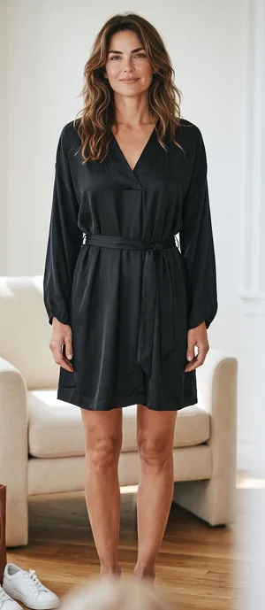 H&M Black Tie Belt Long Sleeve Neck Mini Dress Minimalist Style XS NWOT Office thumbnail 1