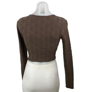 Zara Women's Brown Embossed Textured Long Sleeve Knit Round Neck Crop Top Size M thumbnail 4