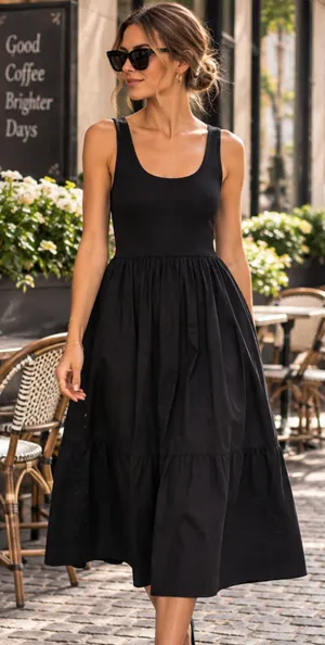 Zara Black Mixed Media Ribbed Cotton Poplin Tank Midi Dress Small thumbnail 1