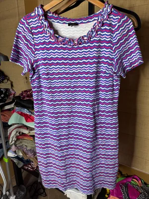 Talbots Ruffle Neck Chevron Stripe Cotton Shift Dress Medium Pink Blue White thumbnail 2