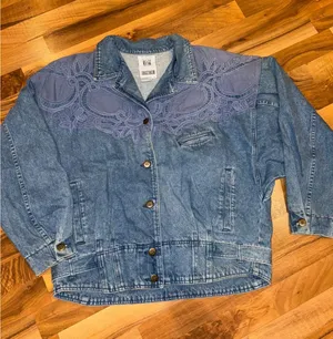 Vintage Together! Denim Jacket XL Blue Lace Applique Western Style granny chic‎ thumbnail 1