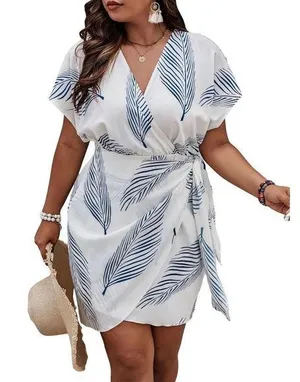 NEW Tropical Print V Neck Wrap Tie Side Short Sleeve Mini Dress 2X thumbnail 1