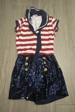 Navy & Red Striped Sailor Romper with Sequin Skirt thumbnail 1