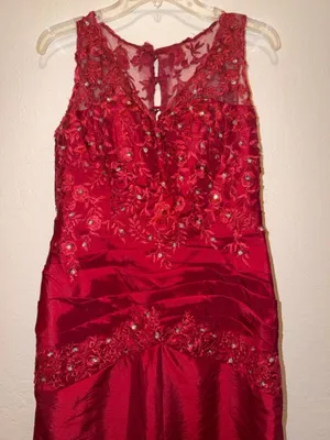 Formal Lace Dress in Red with semi sheer floral embroidery evening cocktail thumbnail 5