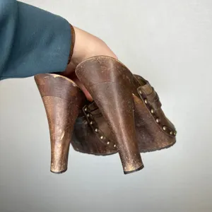 Guess Jovanna-T Brown Leather Studded Wood Platform Clog Mules Womens 9M‎ thumbnail 4