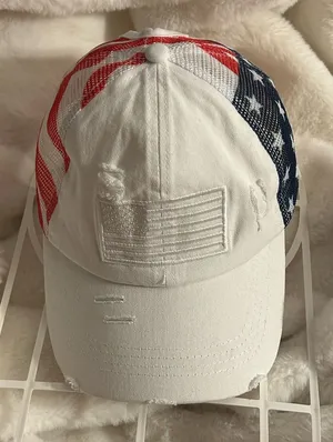 American Flag Mesh Back Trucker Hat Pony Cap. White thumbnail 1