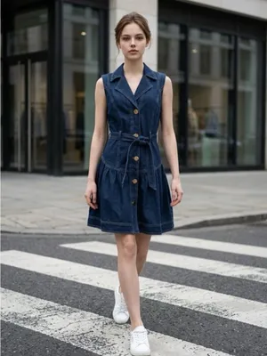 Tahari Dark Blue Denim Sleeveless Button Dress with Tie Waist thumbnail 2