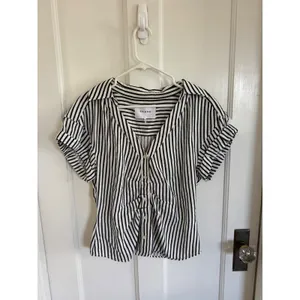 Frame striped linen blend shirred short sleeve top size medium thumbnail 2