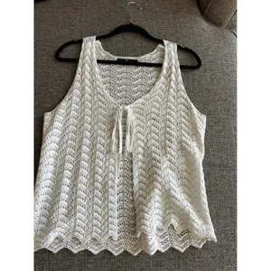Lillusory White Crochet Knit Tie Front Sleeveless Top Chevron Pointelle Large thumbnail 4