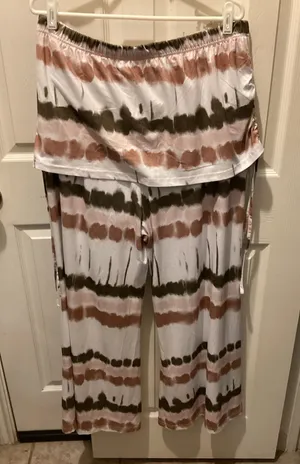 Two-Piece Strapless Tie-Dye Lounge Set in White, Olive & Dusty Rose thumbnail 1