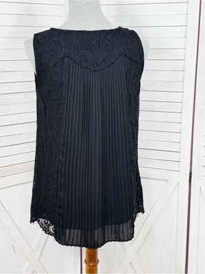 WHBM‎ Lace Front Pleated Chiffon Back Sleeveless Tank Top Black XS Coquette Goth thumbnail 4