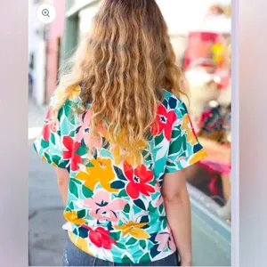 HAPTICS Teal & Coral Floral V Neck Top Super Soft Blouse Short Sleeve Tropical thumbnail 4
