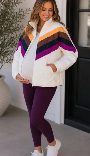 NEW FP Movement x Hatch Ivory Chevron Combo Printed Maternity Puffer Jacket thumbnail 1