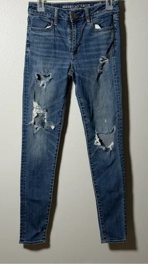 American Eagle Outfitters Women's Hi-Rise Jegging‎ Blue Distressed Jeans size 4 thumbnail 1