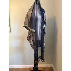 Black Mesh Dupatta Scarf MultiColor Floral Embroidery Mirror Work boho whimsigot thumbnail 5