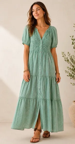 Sundance Smocked Button Maxi Dress S Green White Striped Tiered Cottage Boho thumbnail 1