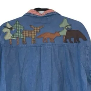 Vintage Santa Claus Embroidered Denim Button-Down Whimsical Folk‎ Art Haiks Med thumbnail 6