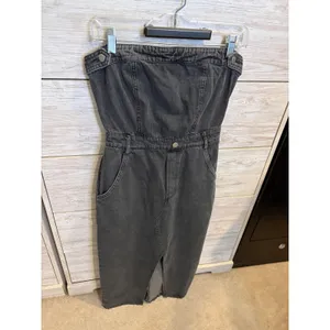 Blue Blush Strapless Denim Midi Dress Washed Black Front Slit Tube Top XS thumbnail 2