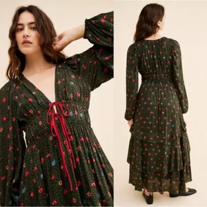 Free People Bohemian Gypsy Tiered Ruffle Maxi Dress Size Medium Witchy Plunge thumbnail 4