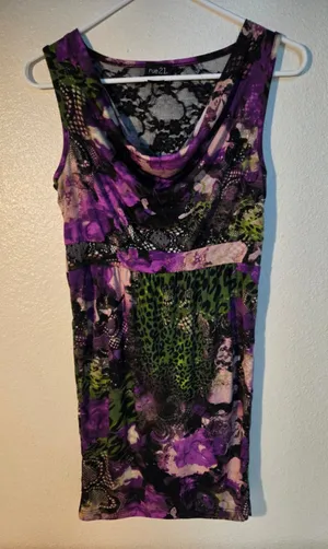 Rue21 Women’s M Sleeveless Cowl Neck Lace Back Mini Dress Purple Green thumbnail 1