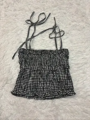 Superdown Smocked Gingham Tie-Strap Crop Top - Black/White thumbnail 2