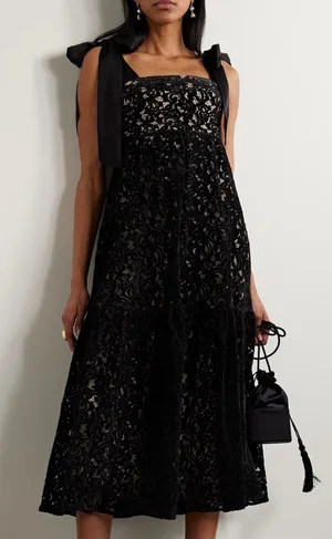 EUC Farm Rio Satin Trimmed Velvet Guipire Midi Dress size large retails $330. thumbnail 1