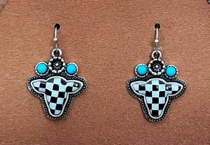 Checkerboard Cow Earrings with Turquoise Black thumbnail 1
