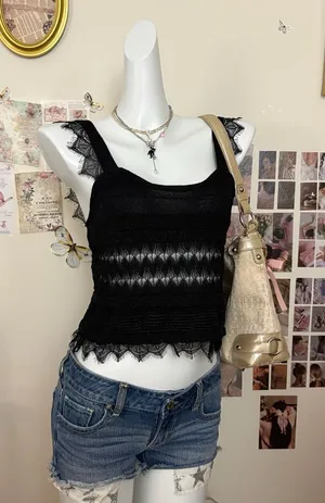 Zara Black Open Knit Tank Top With Lace Trim And Straps Size L thumbnail 1