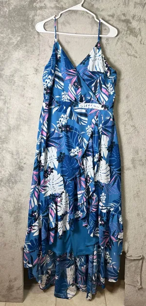 Lulus Vacation‎ Days Blue Tropical Print High Low Maxi Dress Flowy Resort Summer thumbnail 1