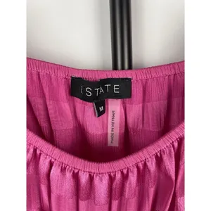 1.STATE‎ Hot Pink Shadow Stripe Puff Sleeve Shirred Waist Square Neck Top Sz M thumbnail 4
