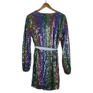 Boohoo Rainbow Sequin Wrap Mini Dress Multi Color Festival Party Sparkly Size 6 thumbnail 4
