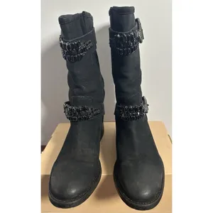 Vera Wang Lavender Label Uma Embellished Black Leather Moto Biker Boots Sz 7.5 thumbnail 6
